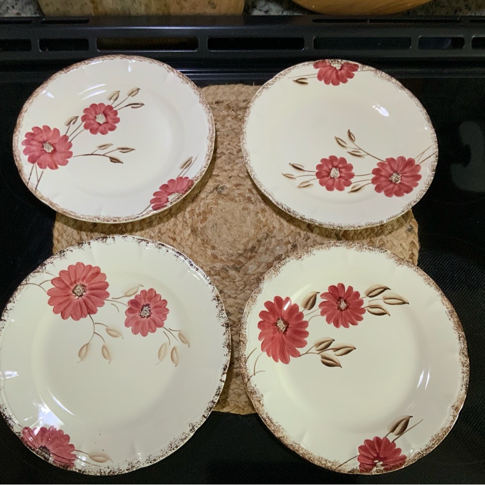 Vintage Floral Dinner Plates Set - Cream and Red